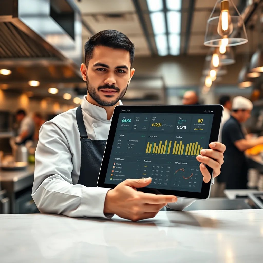 A photorealistic, ultra-high quality image of a restaurant staff member in a contemporary restaurant kitchen, utilizing a tablet with a sleek, user-friendly interface. The image should capture the dynamic environment of a busy kitchen, with chefs preparing food and staff bustling around. The tablet is prominently displayed, showcasing a detailed order management dashboard with real-time updates on incoming orders, customer details, payment statuses, and kitchen preparation progress. The interface should be intuitive and easy to navigate, highlighting the seamless flow of information and the efficient management capabilities of the platform. The lighting should be bright and clear, allowing for a clear view of the tablet's screen and its features. The image should capture the staff member's focused expression as they utilize the platform to manage orders with speed and accuracy. The background should include a blur of activity in the kitchen, creating a sense of motion and energy. The image should convey a sense of control and organization, highlighting the powerful features of the real-time order management system.