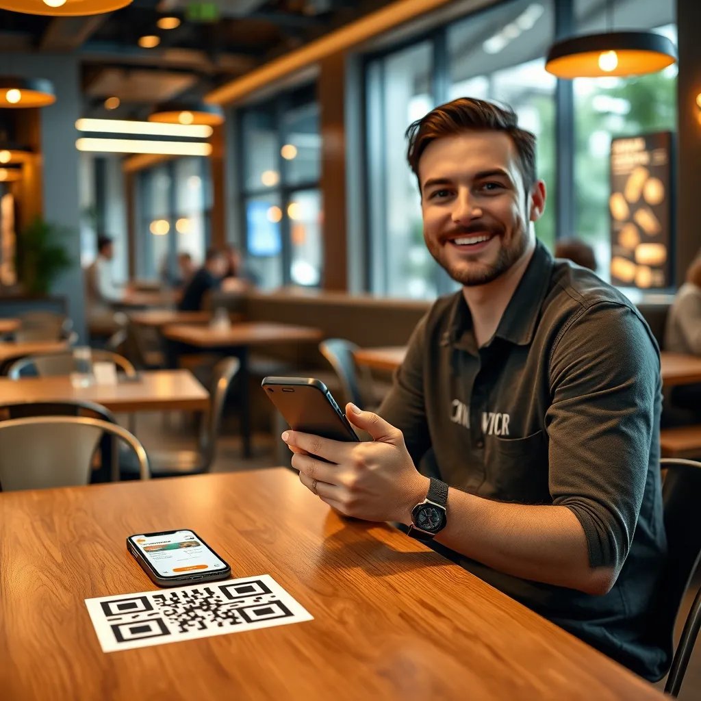 A photorealistic, ultra-high quality image of a customer sitting at a table in a restaurant, using their smartphone to scan a QR code on the table, accessing a menu on their screen. The restaurant is modern and chic with warm lighting, showcasing sleek tables and chairs, and a lively atmosphere. The customer is dressed casually, with a smile on their face, their phone's screen displaying the menu with high-quality food photos and clear options for ordering. The image should be taken from a slightly elevated angle, emphasizing the interaction between the customer and the phone, and capturing the energy and convenience of the QR ordering process. The composition should focus on the customer's hand holding the phone, the menu on the screen, and the QR code on the table, while also showing the vibrant restaurant ambiance in the background. Render the image with realistic textures and materials, including the smooth phone screen, the textured wooden table, and the sleek metal chairs. Aim for a natural and inviting color palette, featuring warm browns and soft greens, creating a sense of comfort and ease. The image should convey a sense of speed and efficiency, highlighting the simplicity and user-friendliness of the QR ordering process.