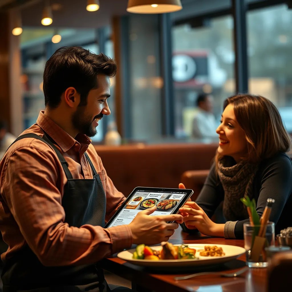 A photorealistic, ultra-high quality image of a restaurant staff member interacting with a customer at their table. The customer is looking at the staff member's tablet, which displays a menu with personalized recommendations and options for ordering. The background should showcase the inviting atmosphere of the restaurant with warm lighting, creating a cozy and comfortable setting. The staff member should be friendly and welcoming, engaging with the customer in a natural and engaging way. The image should capture the interaction between the staff member and the customer, highlighting the personalized recommendations being offered. The tablet should feature a clear and visually appealing interface, displaying high-quality food photos and providing detailed information about each dish. The customer's expression should convey a sense of delight and excitement as they explore the personalized recommendations. The image should convey a sense of connection and understanding, highlighting the value of personalized customer experiences. The style should be inspired by the work of photographers specializing in capturing candid moments of human interaction, capturing the warmth and authenticity of the experience.