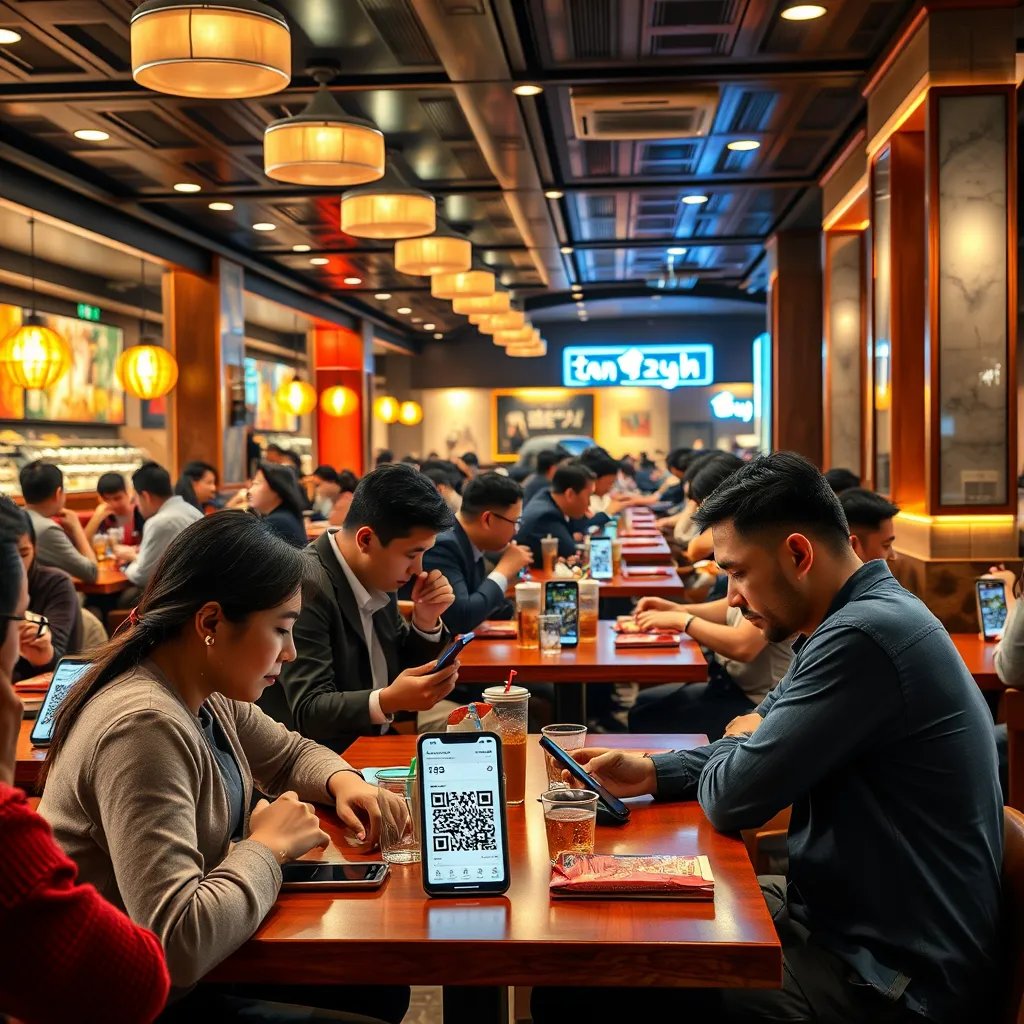 A photorealistic image of a busy restaurant with multiple tables filled with customers. The image should show several customers using their smartphones to order food and drinks via QR codes displayed on their tables.  The scene should be bustling with activity, highlighting the speed and efficiency of the ordering process and the high table turnover rate.