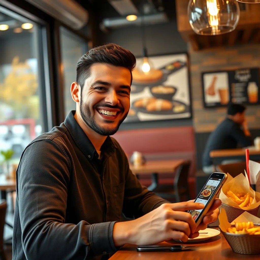 A photorealistic image of a customer smiling and enjoying their meal in a restaurant.  The scene should emphasize the customer's ease of use of the QR ordering system and their satisfaction with the dining experience.  The image should showcase the user interface of the system, highlighting features like personalized order customization, order tracking, and access to detailed information about menu items.