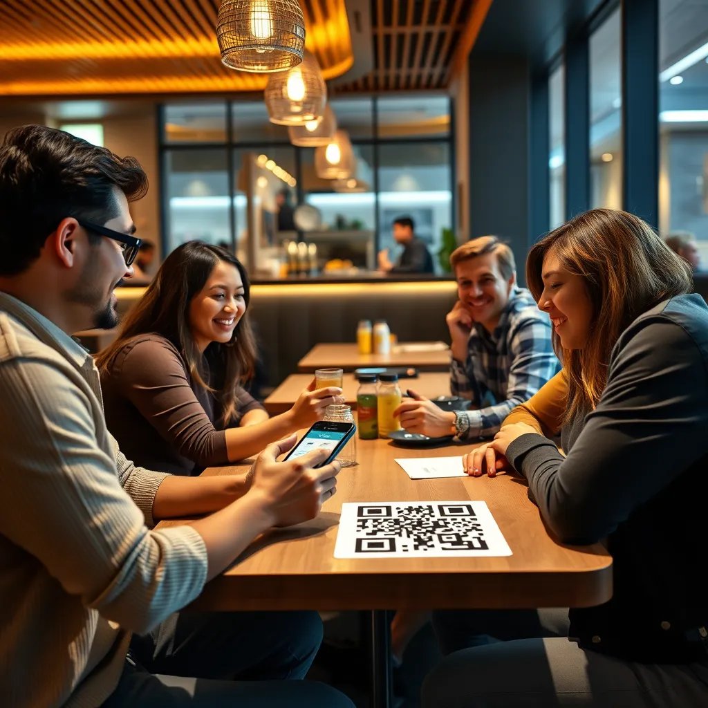 A photorealistic image of a group of friends sitting at a table in a restaurant. One of the friends is using their smartphone to browse the menu and place an order via a QR code displayed on the table. The restaurant is modern and well-lit, with a warm and inviting atmosphere. The image should focus on the interaction between the customer and the QR code, showcasing the ease of use and convenience of the system.