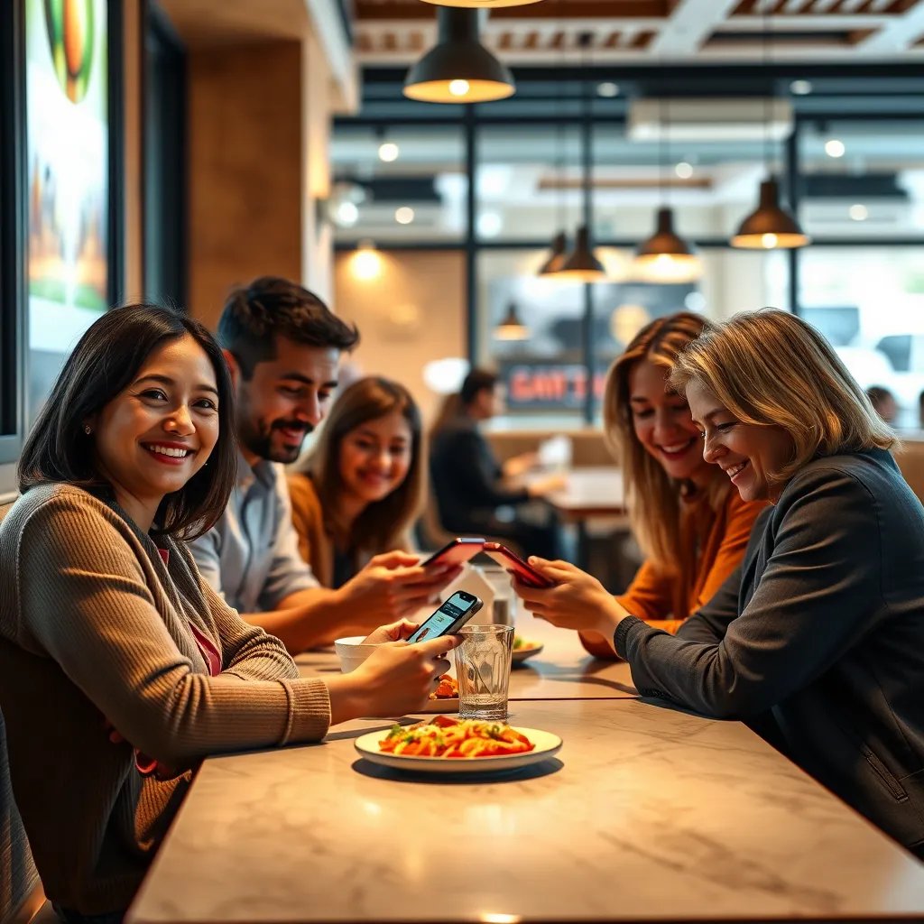 A photorealistic image of a group of friends sitting at a table in a modern restaurant, smiling and using their phones to order from a digital menu. The image should depict a bright and inviting atmosphere with warm lighting and comfortable seating. The friends should be diverse in age and background, representing the wide range of customers who can benefit from Cardo Menu's QR ordering system.