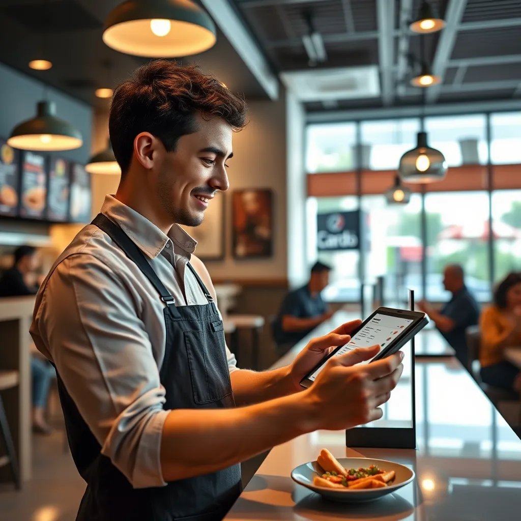 A photorealistic image of a restaurant staff member efficiently taking orders from a tablet displaying a Cardo Menu interface. The image should depict a clean and organized restaurant environment with happy customers and minimal wait times, highlighting the efficiency of QR ordering.