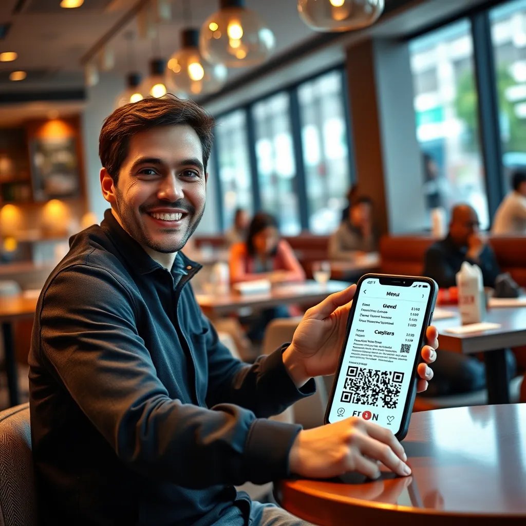 A photorealistic image of a smiling customer sitting at a table in a modern restaurant, holding a smartphone with a restaurant menu displayed on it, with a QR code prominently featured. The restaurant is bustling with activity in the background, showcasing a positive and efficient dining experience.