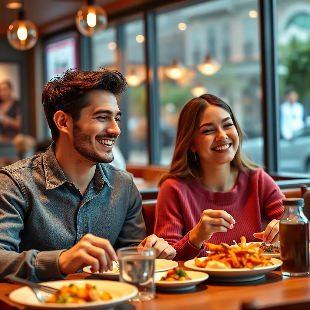 A photorealistic image of a young couple enjoying their meal at a restaurant, with smiles on their faces. They should be relaxed and engaged in conversation, highlighting the positive impact of the QR ordering system on their dining experience. The image should be set in a cozy and inviting atmosphere, with warm lighting and soft music playing in the background. The couple's relaxed expressions and happy demeanor should convey the feeling of satisfaction and contentment.