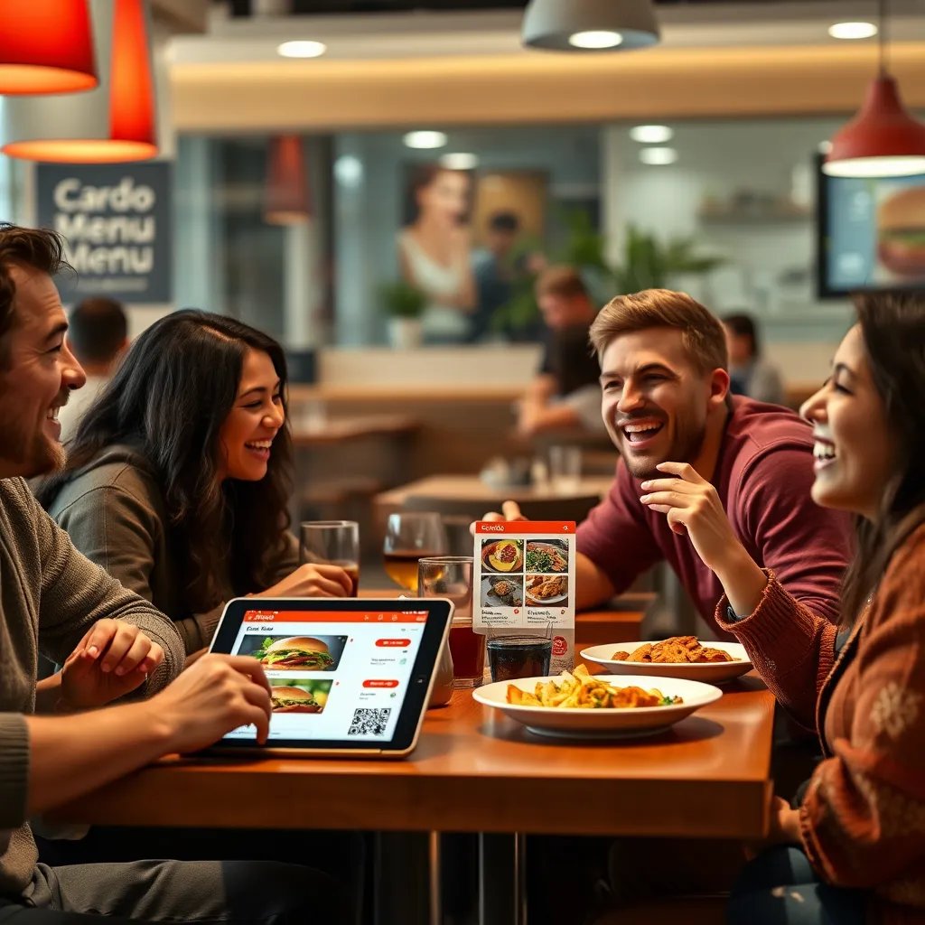 A photorealistic image showcasing a group of friends laughing and enjoying their meal at a restaurant. The table is equipped with a tablet displaying a Cardo Menu interface, indicating that the order was placed via QR code. The image should depict a vibrant and positive atmosphere, highlighting the satisfaction and enjoyment of the customers.